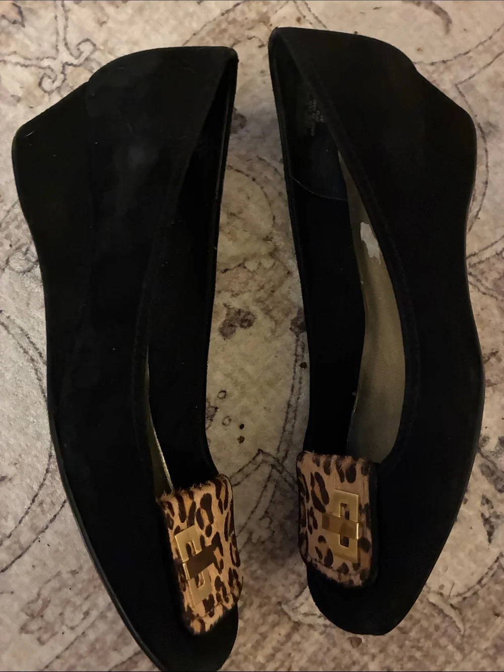 Joan & David Vintage Black Suede Wedge Pumps with Calf Hair Leopard Accent 8